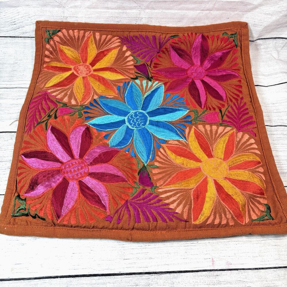 Mexican Floral Embroidered Textile Pillow Cover Boho Decor 18x18” Back Zip